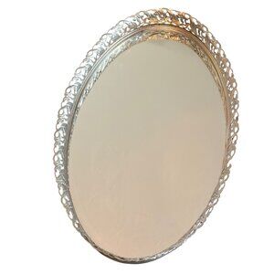 MCM Oval Vanity Filigree Mirror Tray Ornate Gold Frame 13" X 8" VTG